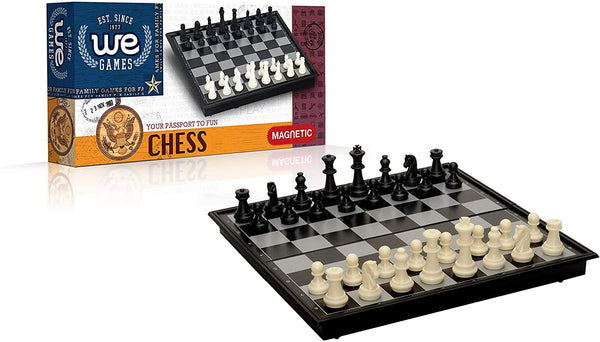 Magnetic Chess Set - 10 inches. Box of chess se standing behind it.