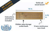 Solid oak wood board. Instructions and history included. Hidden peg storage underneath. 3-lane continuous race track. 16 inches long. 3.75 inches wide.