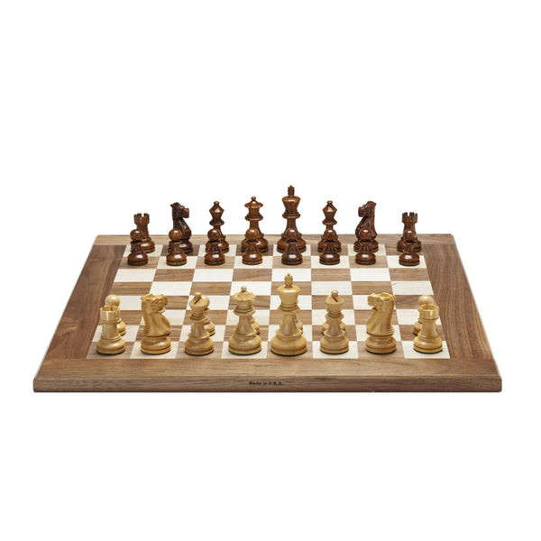 Grand English Chess Set - Weighted Pieces with Solid Maple & Walnut Wood Board 20 in. Picture of pieces on board.