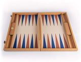 Natural Wood Backgammon Set with Blue & Brown Leatherette Interior.