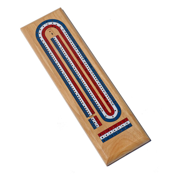 Classic Cribbage Set - Solid Wood TriColor (Red, White, Blue) Continuous 3 Track Board with Metal Pegs