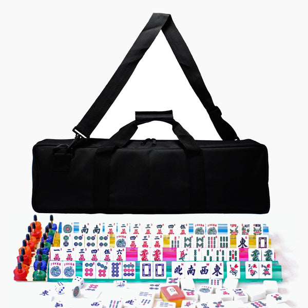 Black Canvas Bag. American Mahjong pieces placed out in Front of Canvas bag.