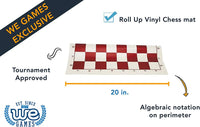 Roll up vinyl chess mat. Tournament approved. Algebraic notation on perimeter. 20 inches.