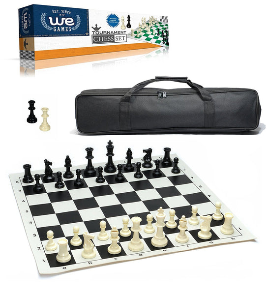 Complete Tournament Chess Set‚ Plastic Chess Pieces with Black Roll-up Chess Board and Travel Canvas Bag. Box in the back. 2 extra queens.