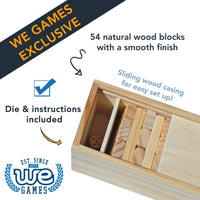 54 natural wood blocks with a smooth finish. Sliding wood casing for easy set up. Die and instructions included.