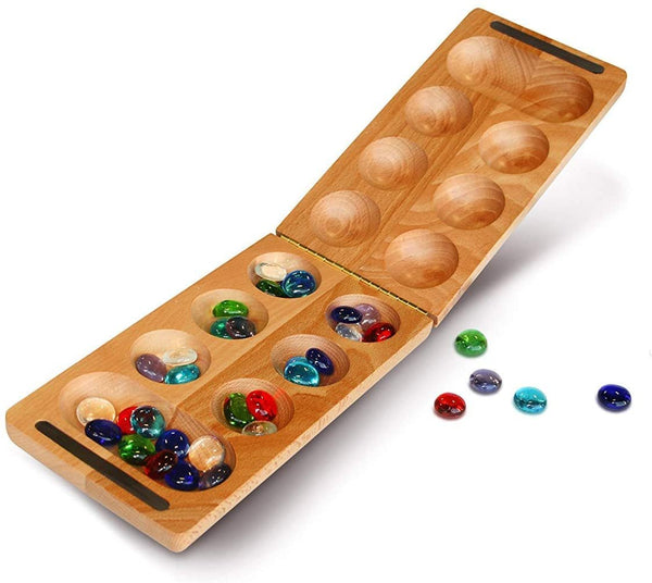  Folding Mancala with Solid Wood Board & Glass Stones.