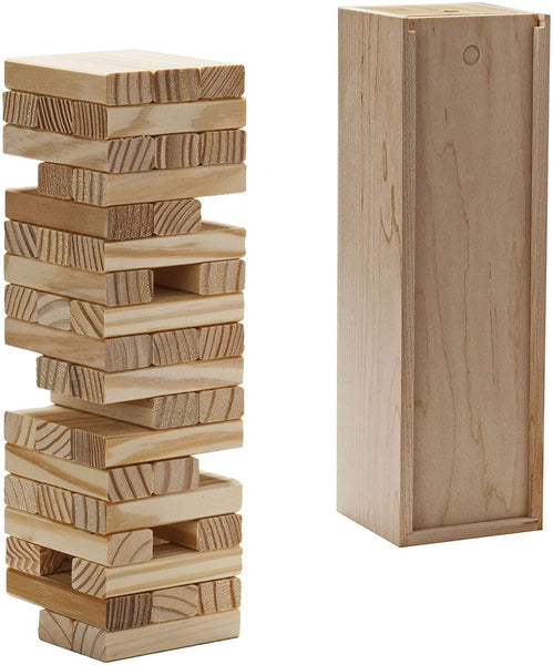 Tumbling tower game with wood case and sliding lid.