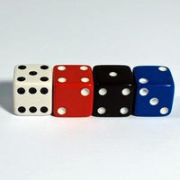 picture of 4 colored dice. White, Red, Black, Blue.