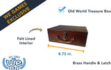 Ol World Treasure Box. Felt lied interior. Brass handle and latch. 8.75 inches.