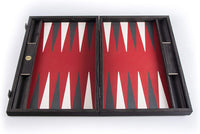 Luxury Black Wood Backgammon with Red, Gray & White Leatherette Interior.