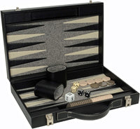 Black Briefcase opened with all Backgammon game pieces inside.