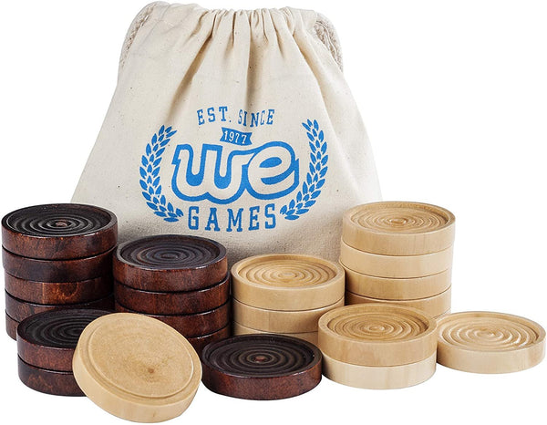 Dark brown and natural wood checkers with stackable ridges, 2 inches in diameter pieces.