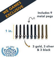 Includes 9 metal pegs. 1 inch tall. 3 gold, 3 silver, and 3 black.