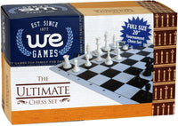 Front of box for Ultimate Compact Tournament Chess Set with green fold-up board and triple weighted pieces. Full size 20 inches.