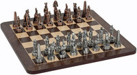 Egyptian Chess Set - Pewter Pieces placed on Walnut Root Board 16 in.