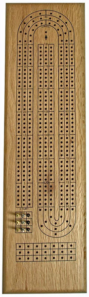 Classic Cribbage Set - Solid Oak Wood Continuous 3 Track Board with Metal Pegs