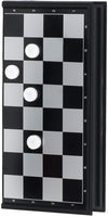 Checkers board folded with 4 magnetic pieces sticking to it.