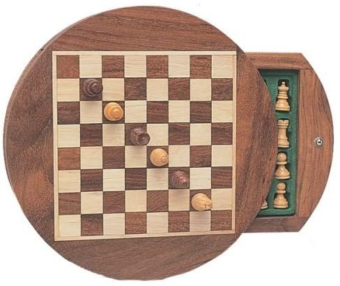 Wood Magnetic Round Chess Set with drawers - 9 Inch board.