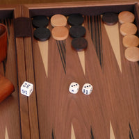 Inside backgammon case with doubling cube, dice and chips on board.