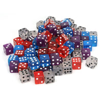 Assorted colored dice 100 pack. Pile of different dice. Purple, Blue, Red, Gray.