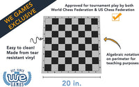 Approved for tournament play by both World Chess Federation and US Chess Federation. Easy to clean. Made from tear resistant vinyl. Algebraic notation on perimeter for teaching purposes. 20 inches.