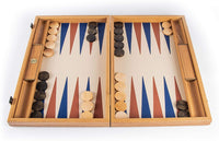 Luxury Natural Wood Backgammon Set with Blue & Brown Leatherette Interior – 19 inches – Handcrafted in Greece.