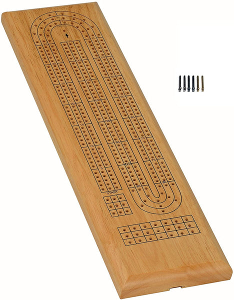 Classic Cribbage Set - Solid Wood Continuous 3 Track Board with Metal Pegs