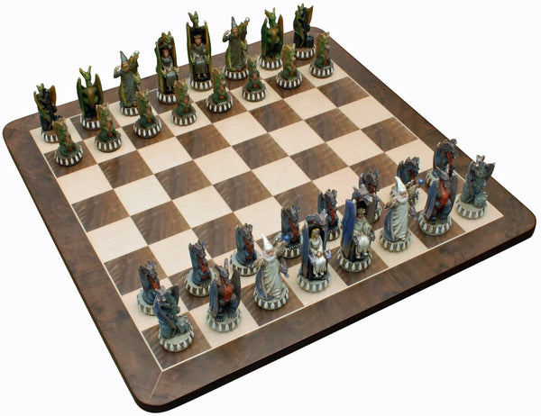 Dragon Chess Set - Hand painted Pieces with pieces placed on Walnut Root Board 21 in.
