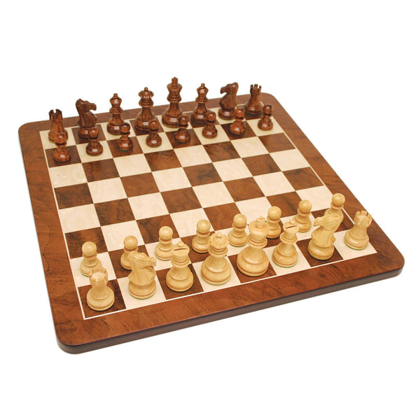 Grand English Style Chess Set - Weighted Pieces & Walnut Root Wood Board 19 in. Sheesham and Kari wood pieces.