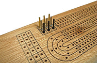 olid Oak Wood Continuous 3 Track Board with Metal Pegs placed at start position.