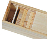 Blocks being stored in wood case with a dice inside as well.