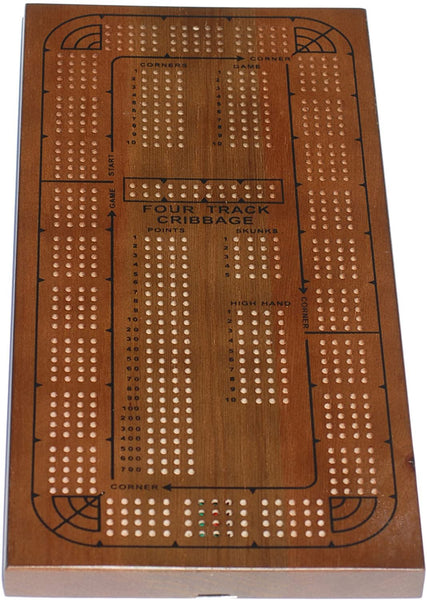 Classic Cribbage Set - Solid Oak Medium Stained Wood Continuous 4 Track Board. Full view.