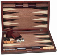 Backgammon case opened with pieces inside.
