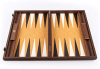 Dark Brown Wood Backgammon Set with Leatherette Interior.