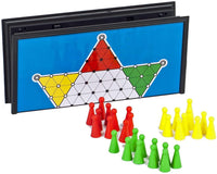 Chinese Checkers board folded with checker pieces in front.