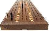 Different angle of Cribbage board with metal pegs in board.