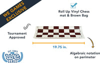 Roll up vinyl chess mat and brown bag. Tournament approved. Algebraic notation on perimeter. 19.75 inches.