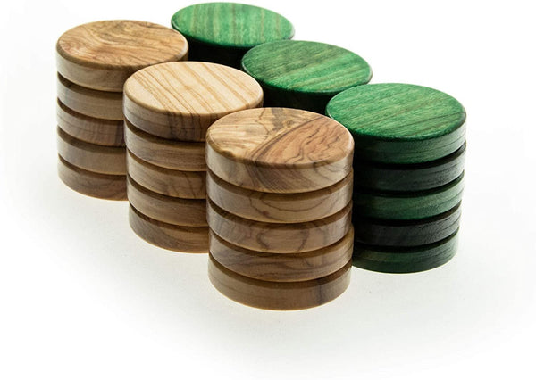 Olive Wood Backgammon Checkers/Chips in Green & Natural – 1 inch Diameter.
