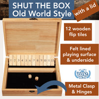 Natural colored shut the box with a lid. 12 wooden flip tiles. felt lined playing surface and underside. Metal clasp and hinges.