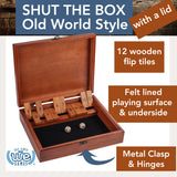 Brown shut the box with a lid. 12 wooden flip tiles. felt lined playing surface and underside. Metal clasp and hinges.
